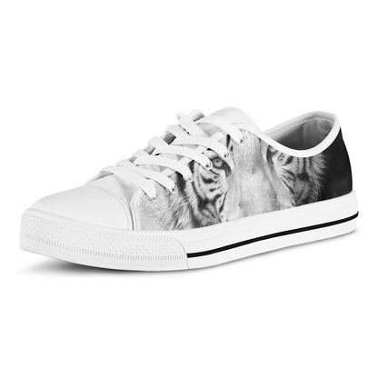 Monochrome White Bengal Tiger Print White Low Top Shoes