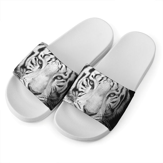 Monochrome White Bengal Tiger Print White Slide Sandals