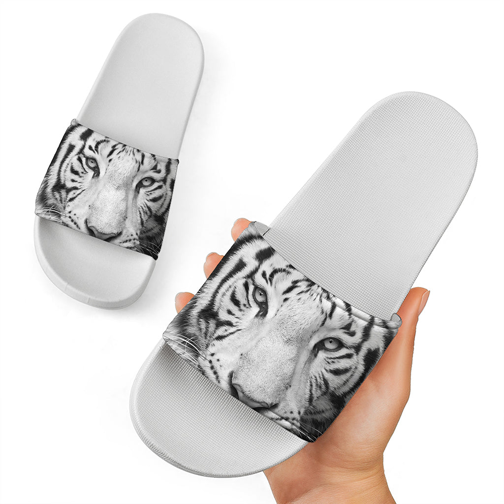 Monochrome White Bengal Tiger Print White Slide Sandals