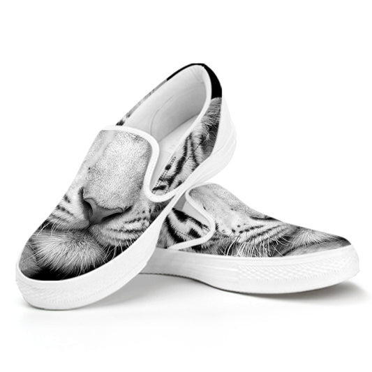Monochrome White Bengal Tiger Print White Slip On Shoes