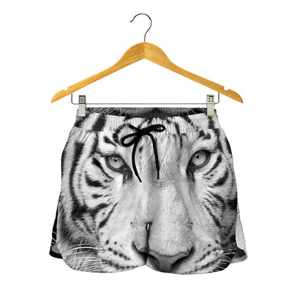 Monochrome White Bengal Tiger Print Women's Shorts