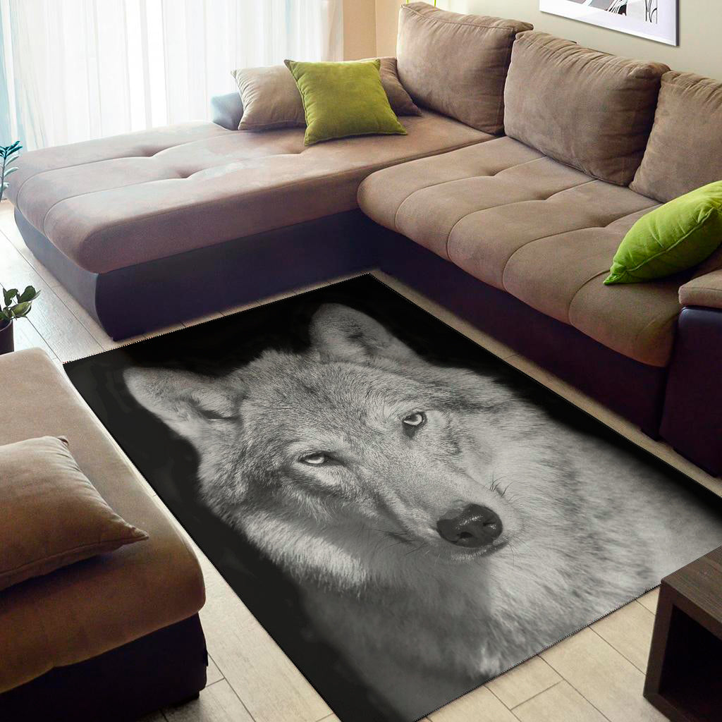 Monochrome Wolf Print Area Rug