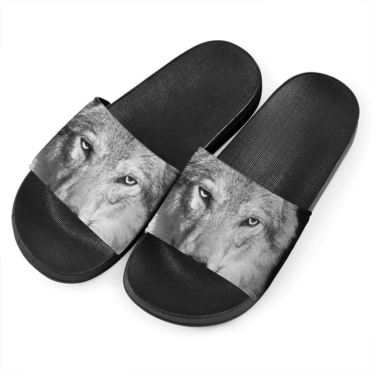 Monochrome Wolf Print Black Slide Sandals