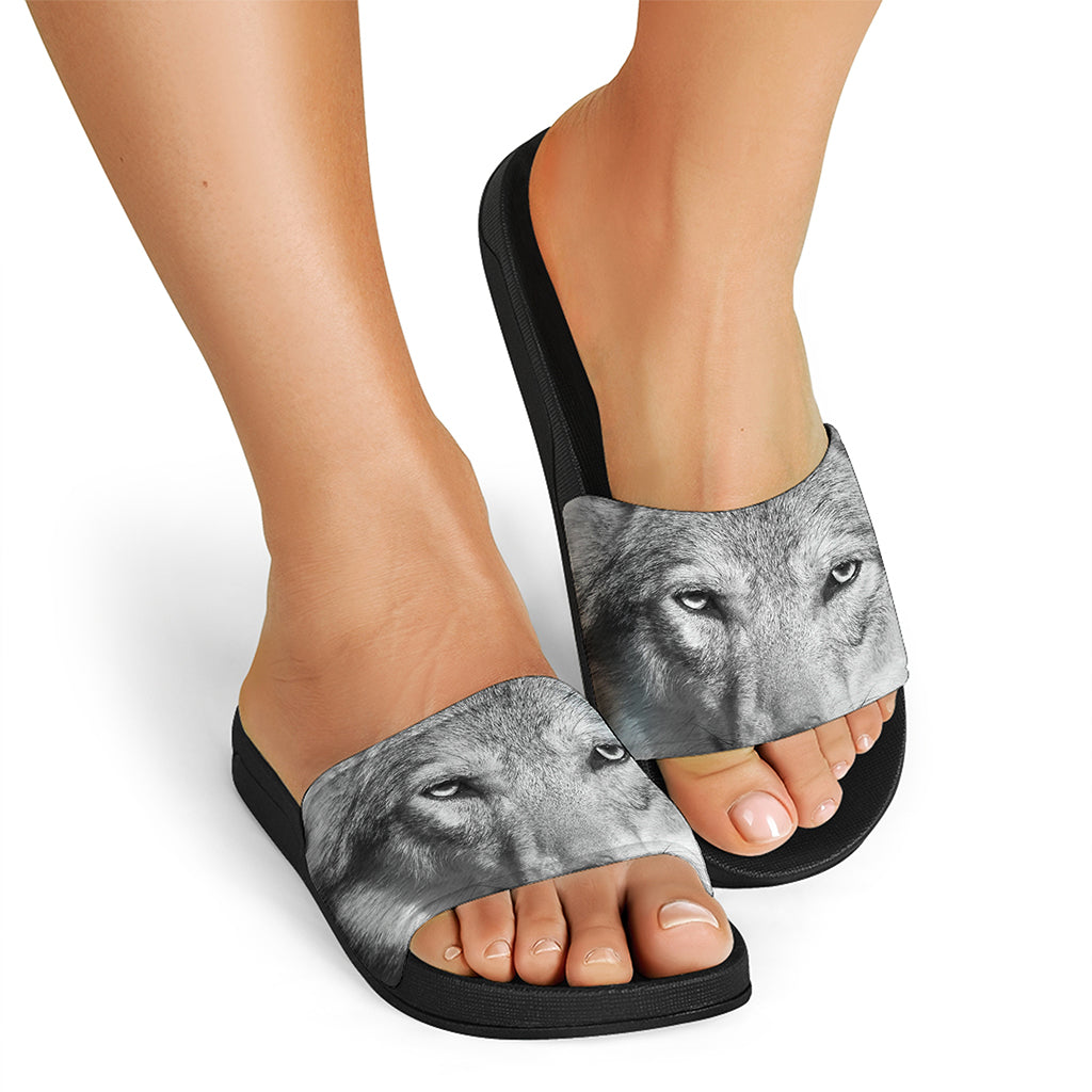 Monochrome Wolf Print Black Slide Sandals