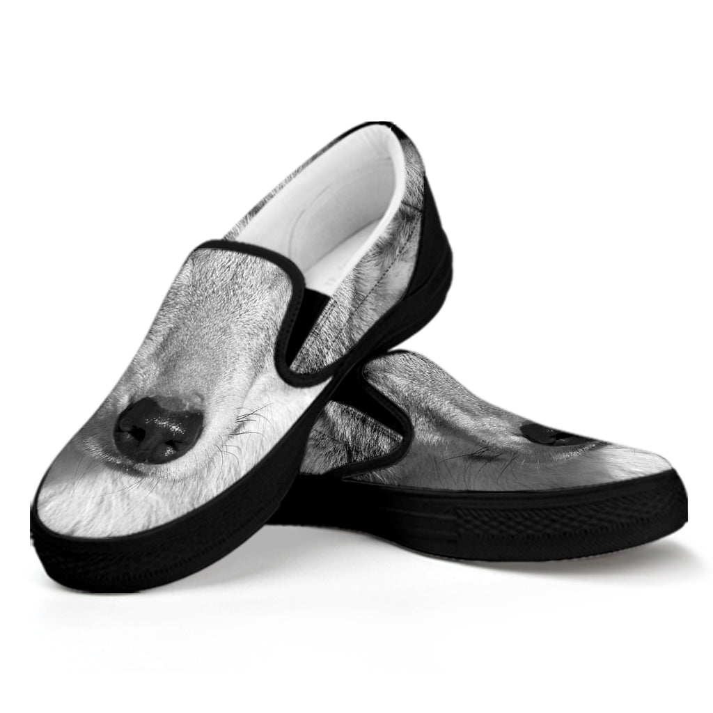 Monochrome Wolf Print Black Slip On Shoes