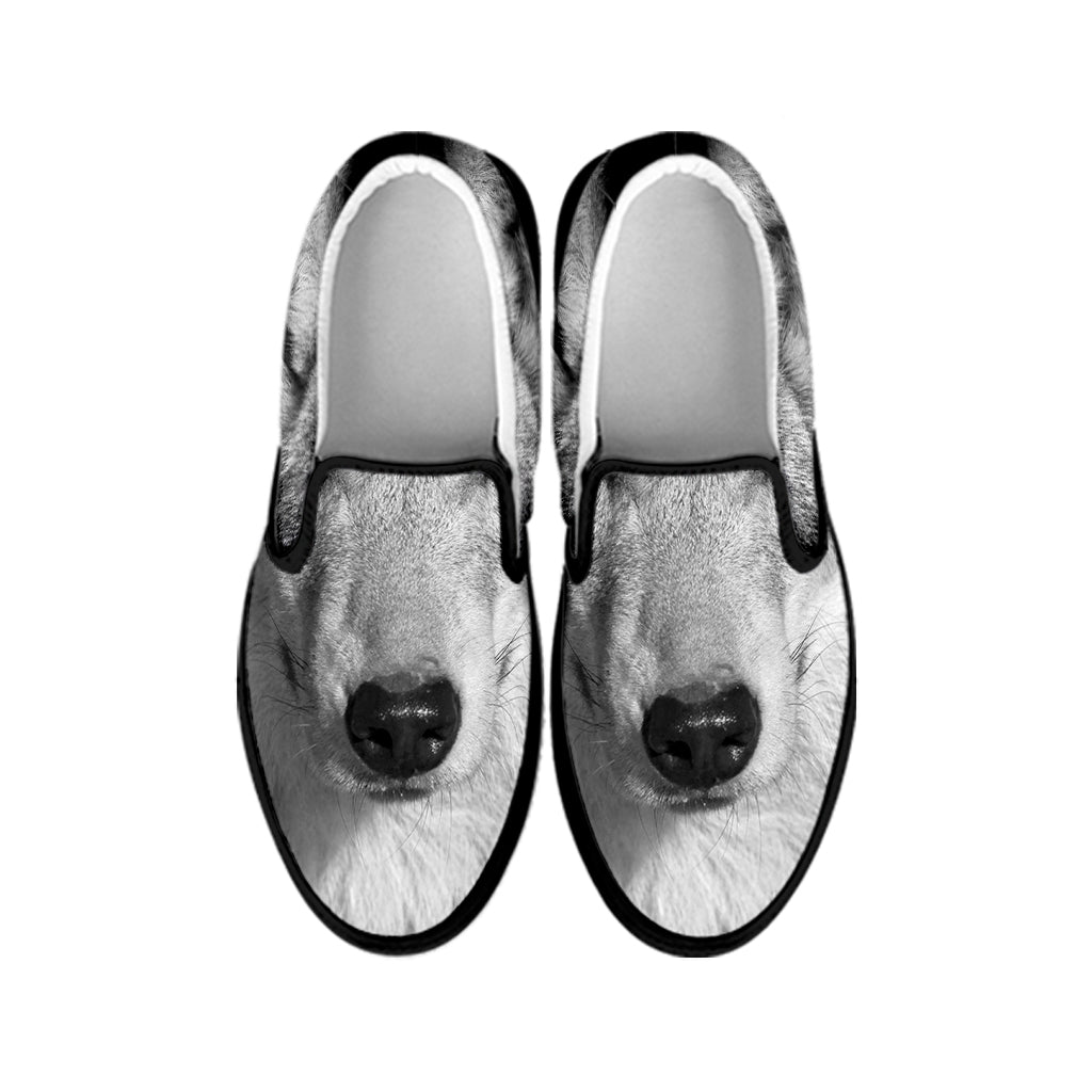 Monochrome Wolf Print Black Slip On Shoes