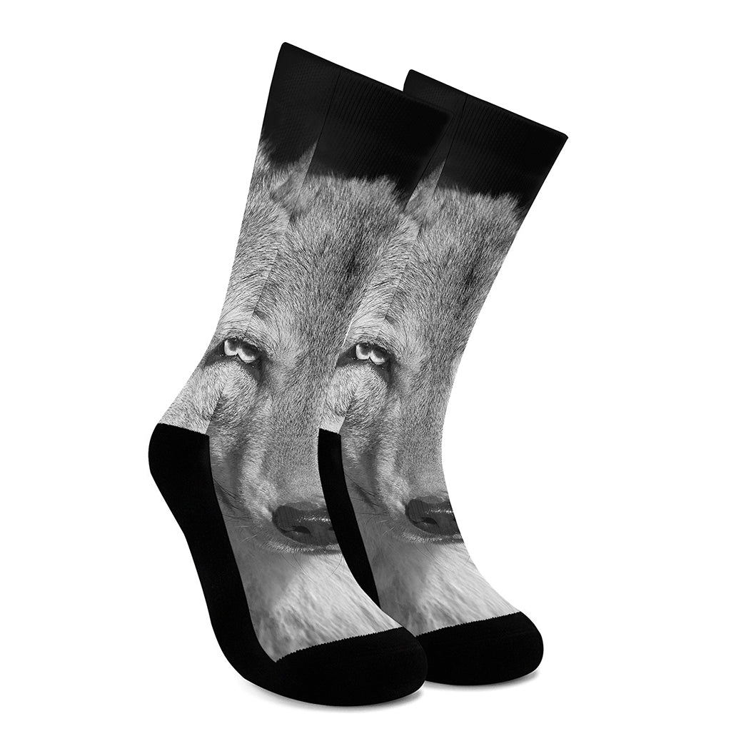 Monochrome Wolf Print Crew Socks