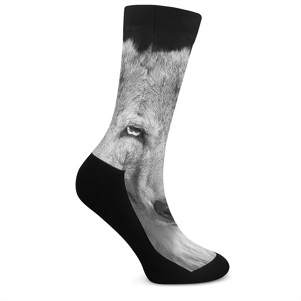 Monochrome Wolf Print Crew Socks