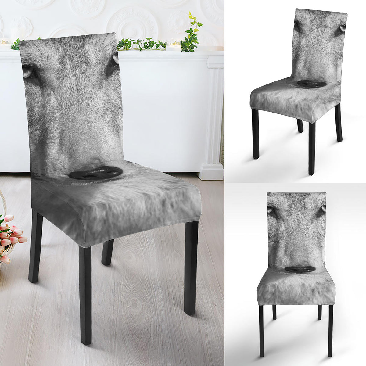 Monochrome Wolf Print Dining Chair Slipcover