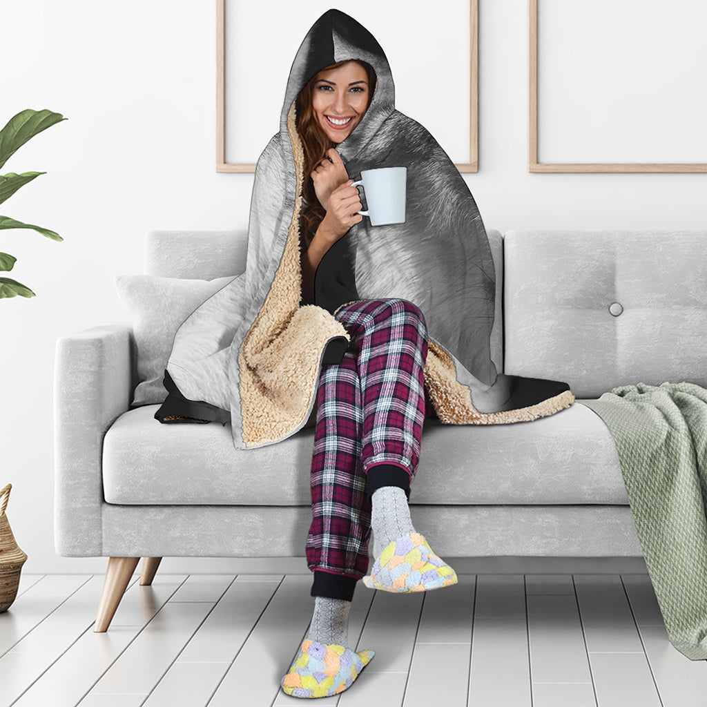 Monochrome Wolf Print Hooded Blanket