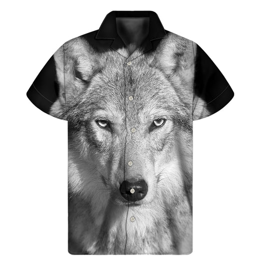 Monochrome Wolf Print Men's Short Sleeve Shirt