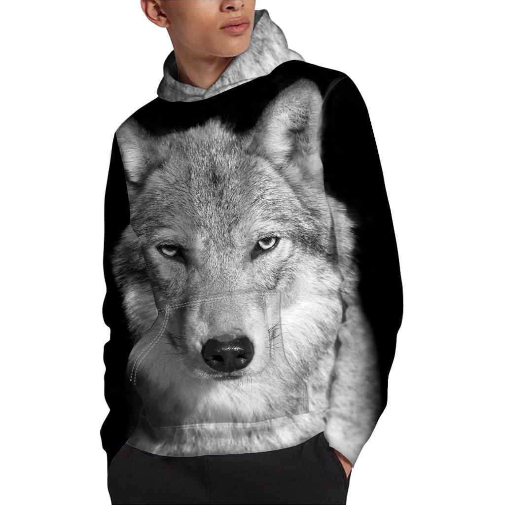 Monochrome Wolf Print Pullover Hoodie