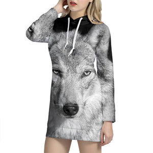 Monochrome Wolf Print Pullover Hoodie Dress