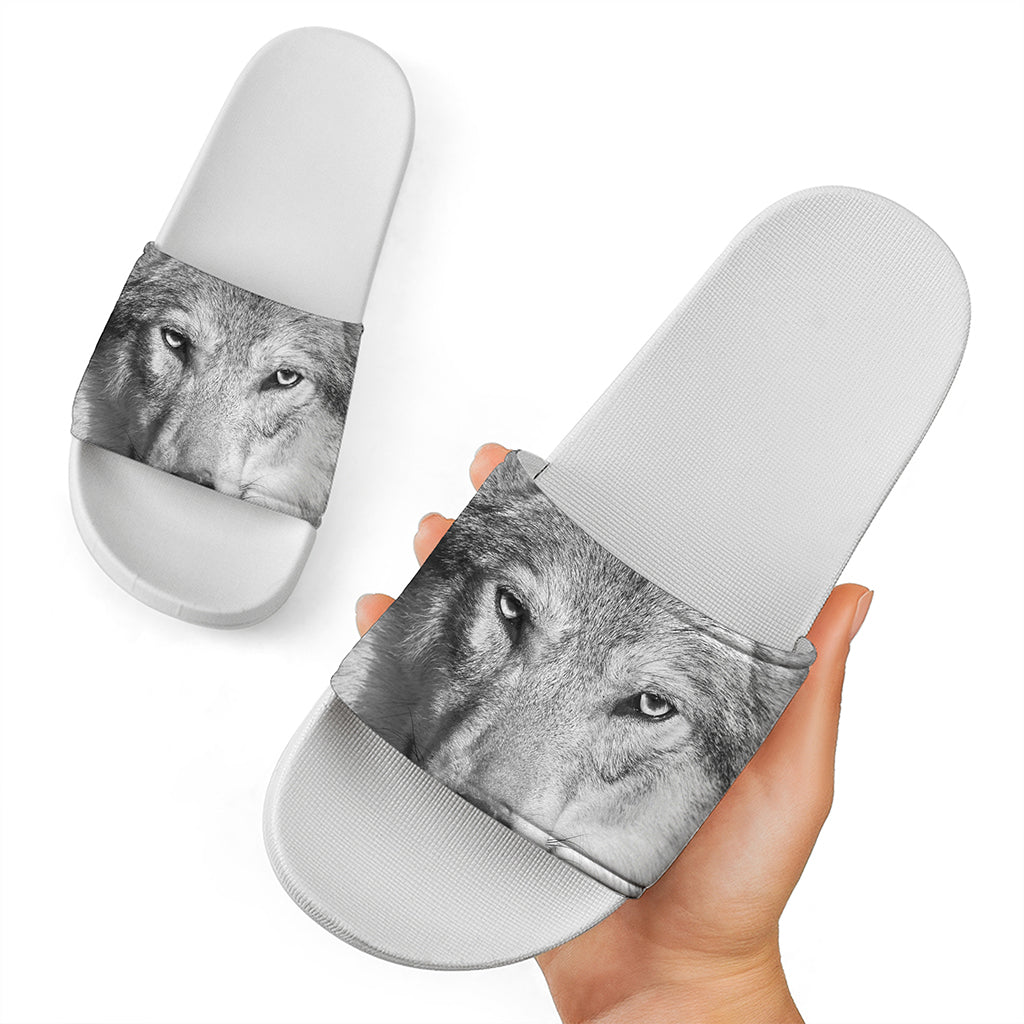 Monochrome Wolf Print White Slide Sandals