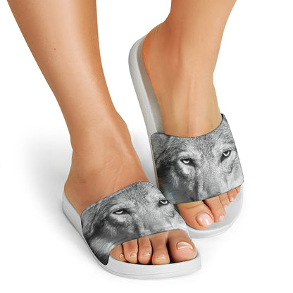 Monochrome Wolf Print White Slide Sandals
