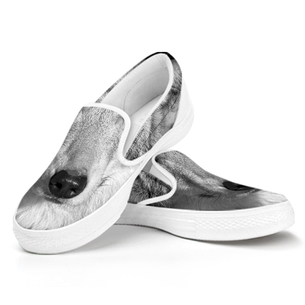 Monochrome Wolf Print White Slip On Shoes