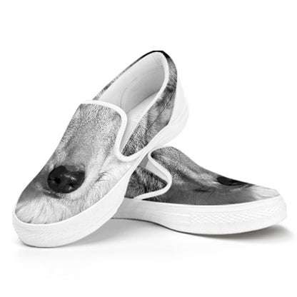 Monochrome Wolf Print White Slip On Shoes