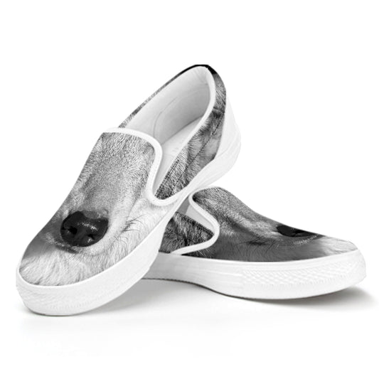 Monochrome Wolf Print White Slip On Shoes
