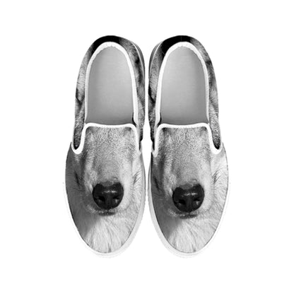 Monochrome Wolf Print White Slip On Shoes