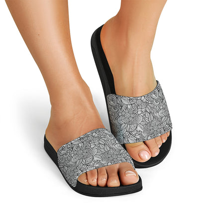 Monochrome Zentangle Pattern Print Black Slide Sandals