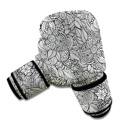 Monochrome Zentangle Pattern Print Boxing Gloves