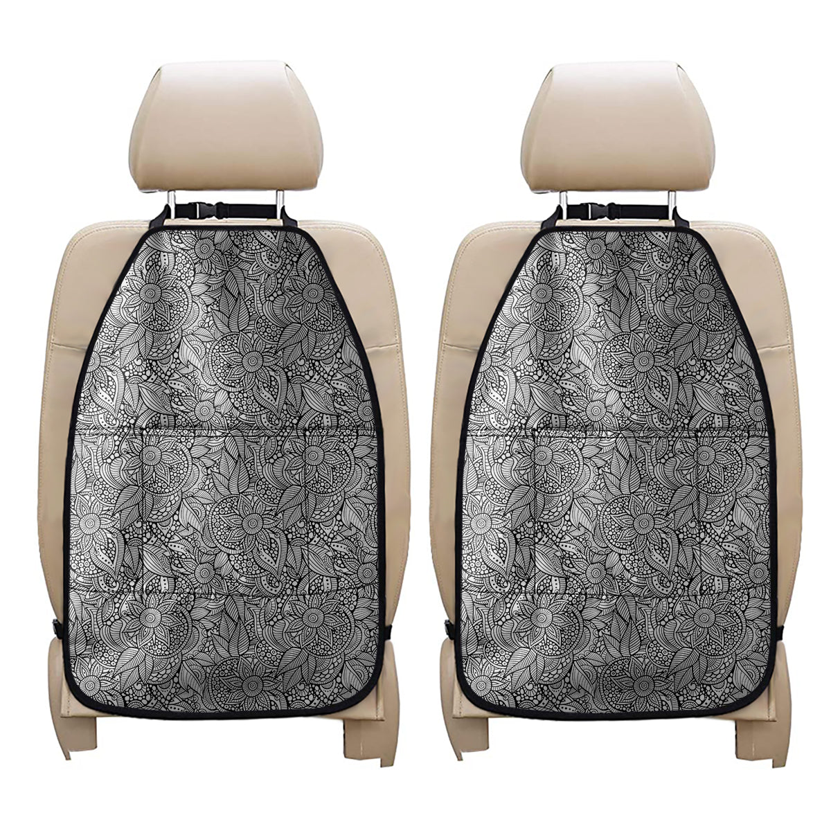 Monochrome Zentangle Pattern Print Car Seat Organizers