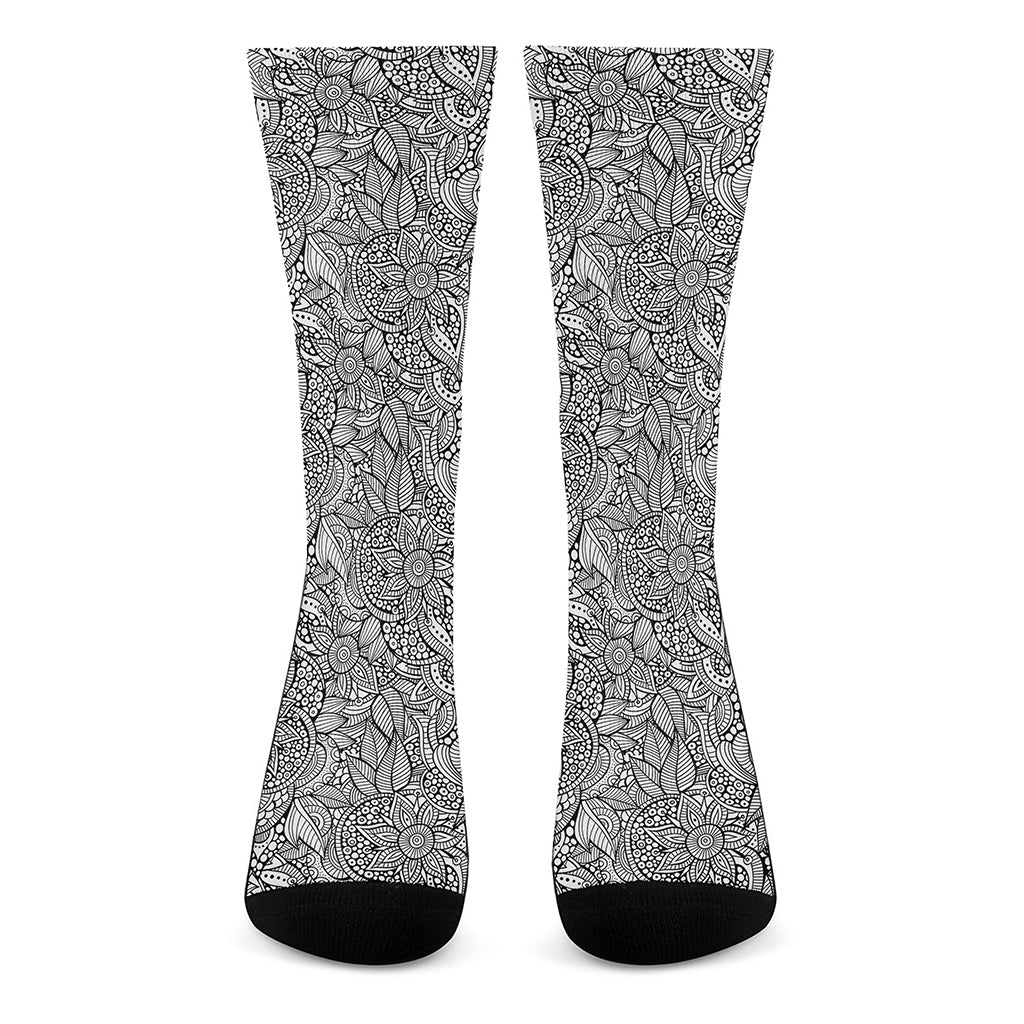 Monochrome Zentangle Pattern Print Crew Socks