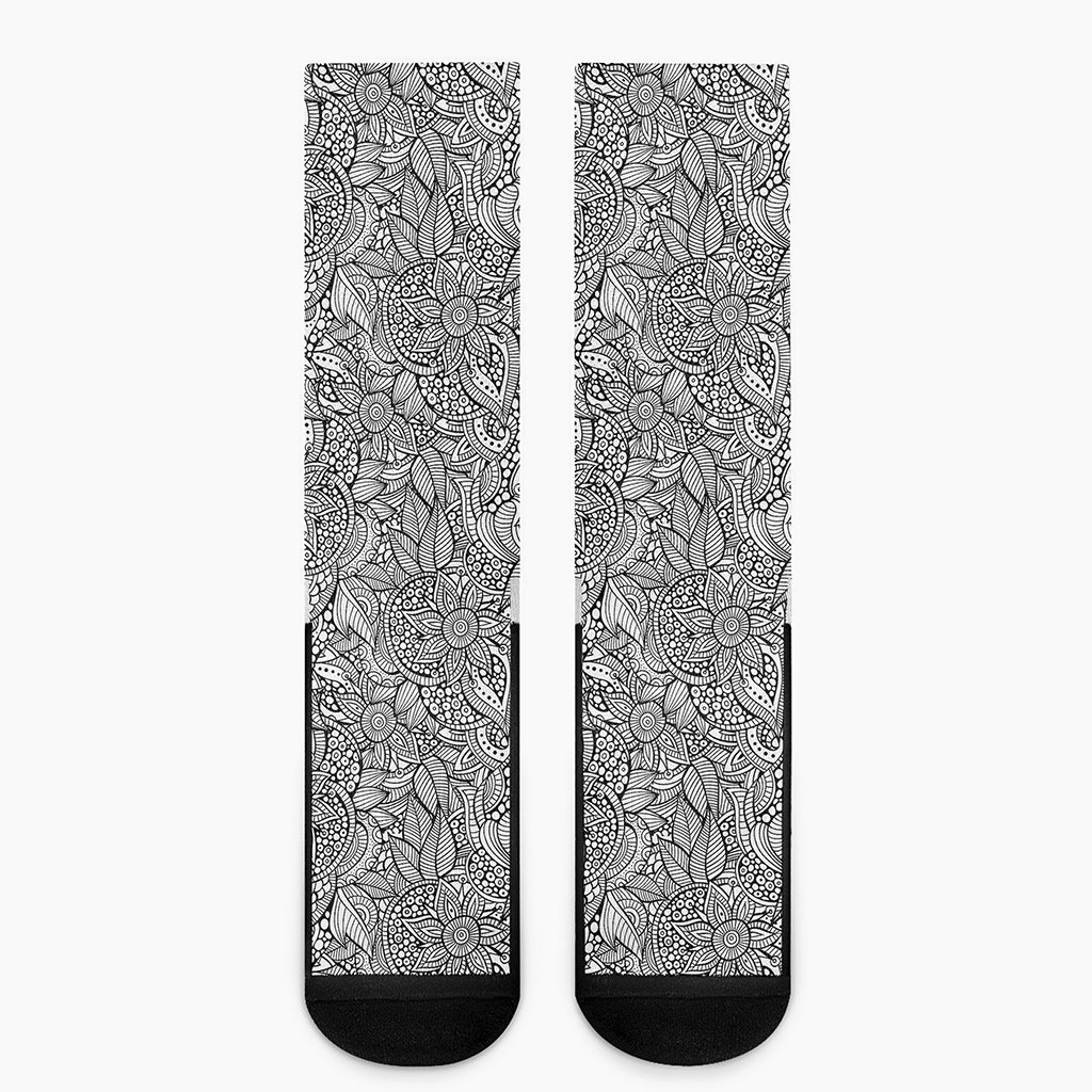 Monochrome Zentangle Pattern Print Crew Socks