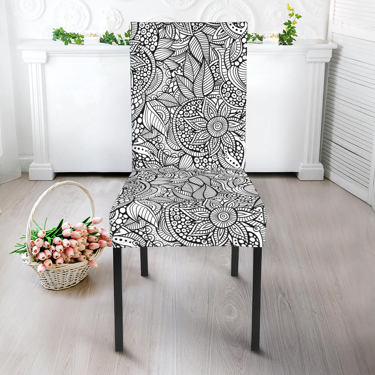 Monochrome Zentangle Pattern Print Dining Chair Slipcover