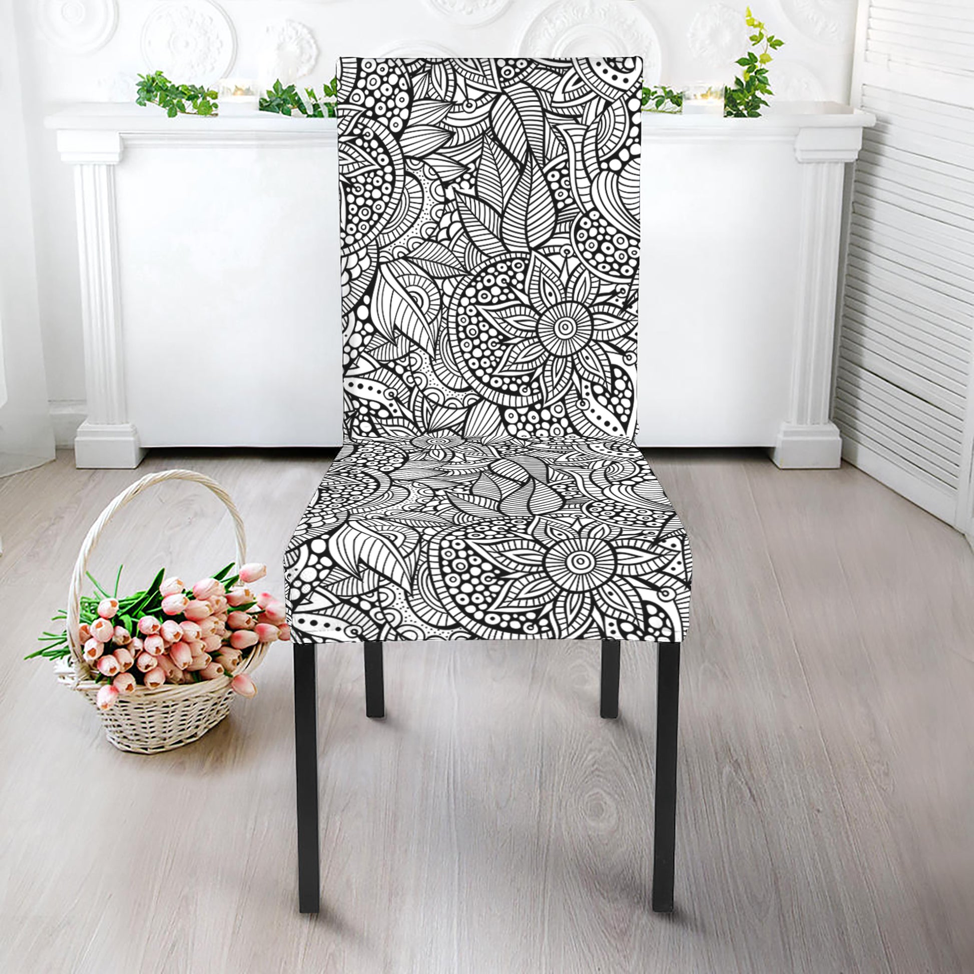 Monochrome Zentangle Pattern Print Dining Chair Slipcover