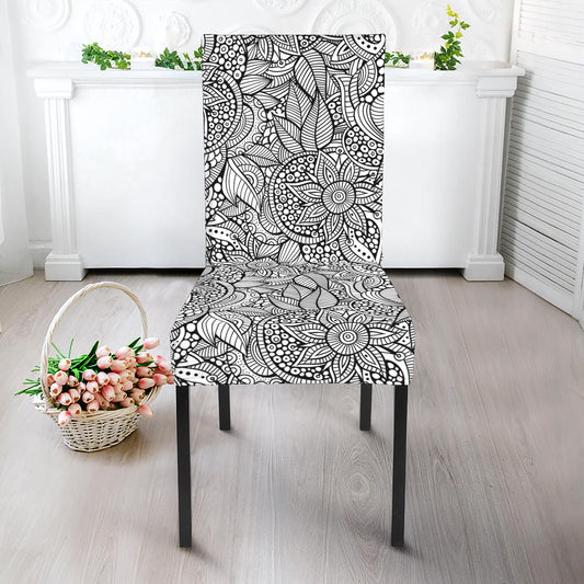 Monochrome Zentangle Pattern Print Dining Chair Slipcover