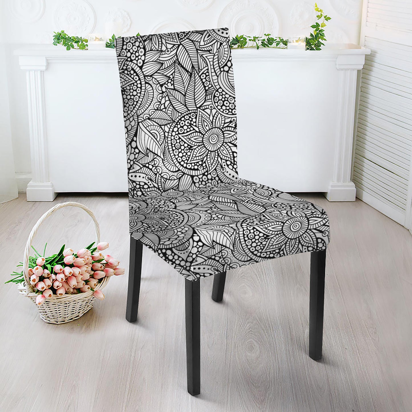 Monochrome Zentangle Pattern Print Dining Chair Slipcover