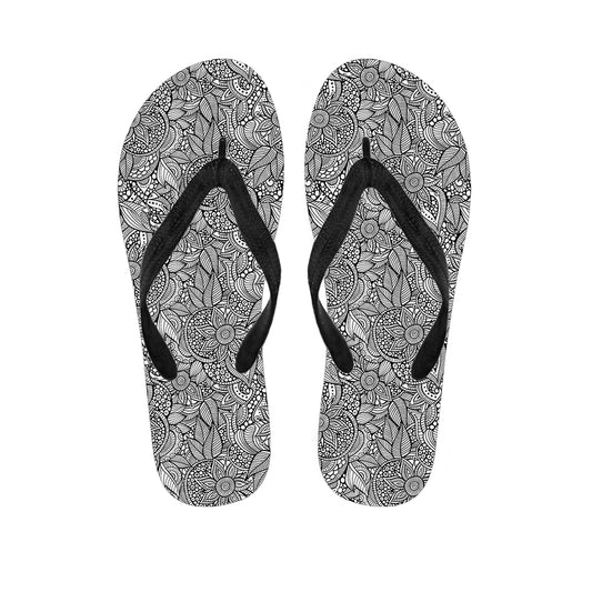 Monochrome Zentangle Pattern Print Flip Flops