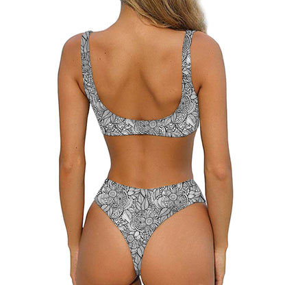 Monochrome Zentangle Pattern Print Front Bow Tie Bikini