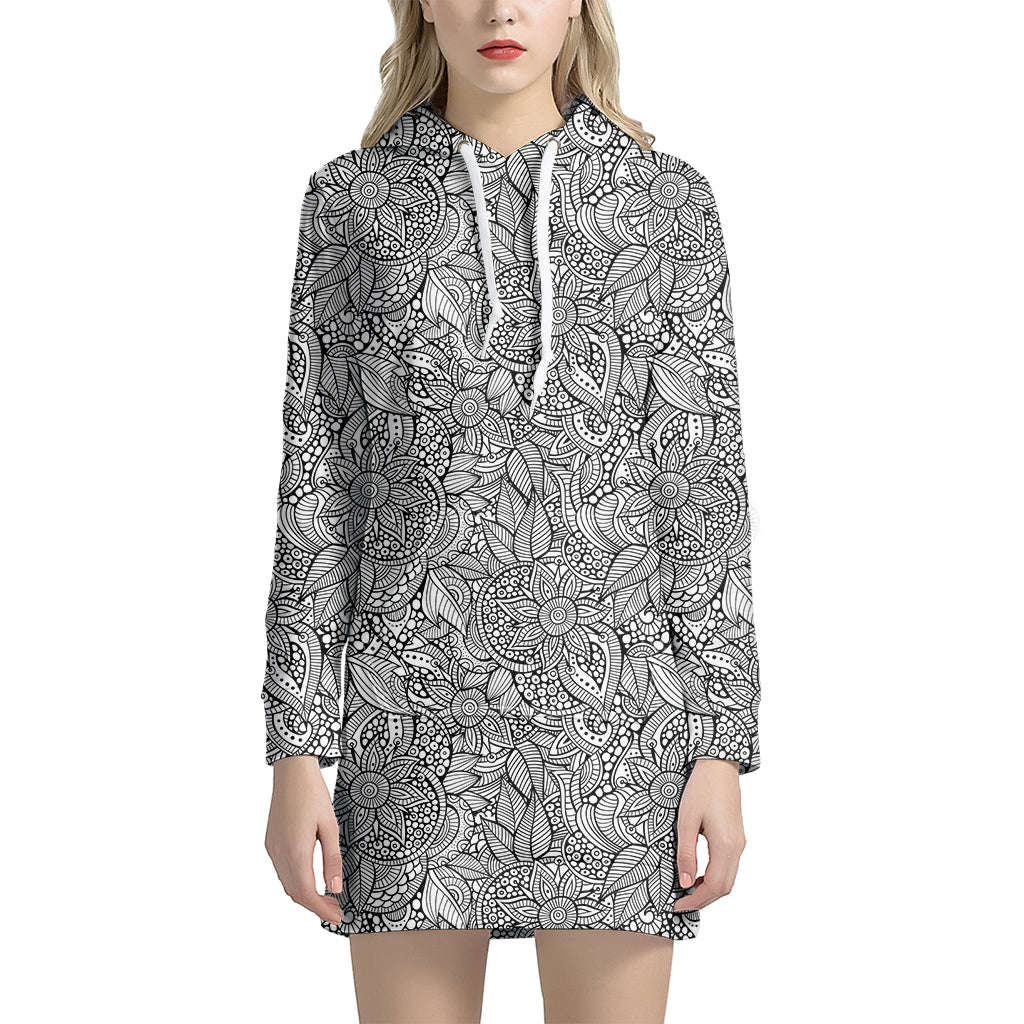 Monochrome Zentangle Pattern Print Hoodie Dress