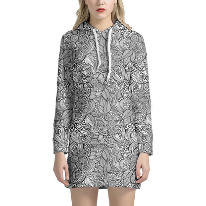 Monochrome Zentangle Pattern Print Hoodie Dress