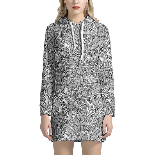 Monochrome Zentangle Pattern Print Hoodie Dress