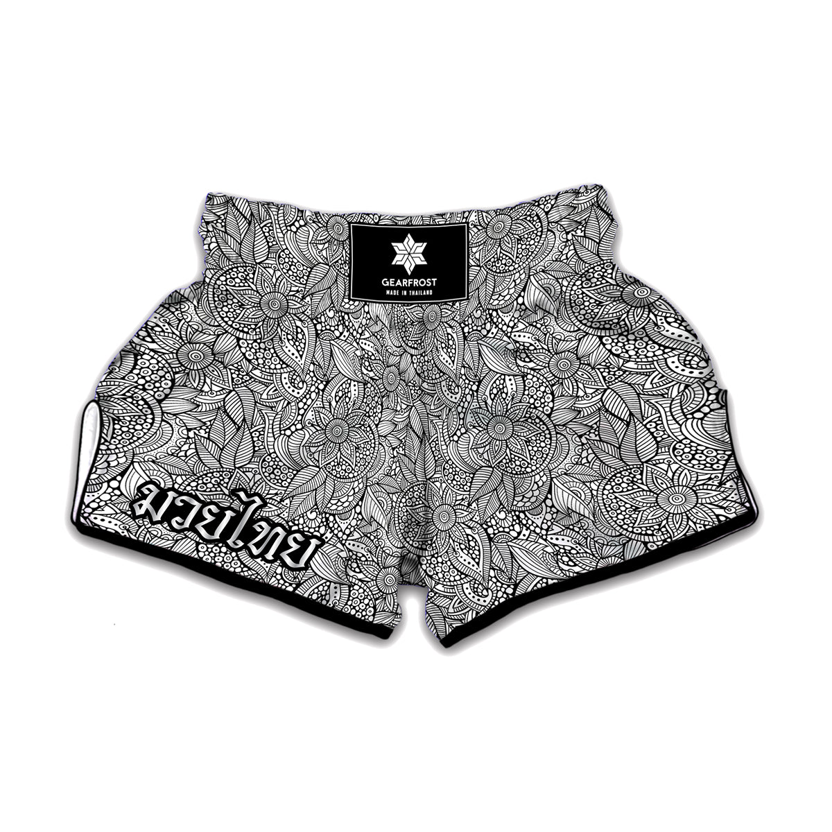 Monochrome Zentangle Pattern Print Muay Thai Boxing Shorts