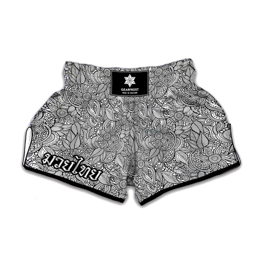 Monochrome Zentangle Pattern Print Muay Thai Boxing Shorts