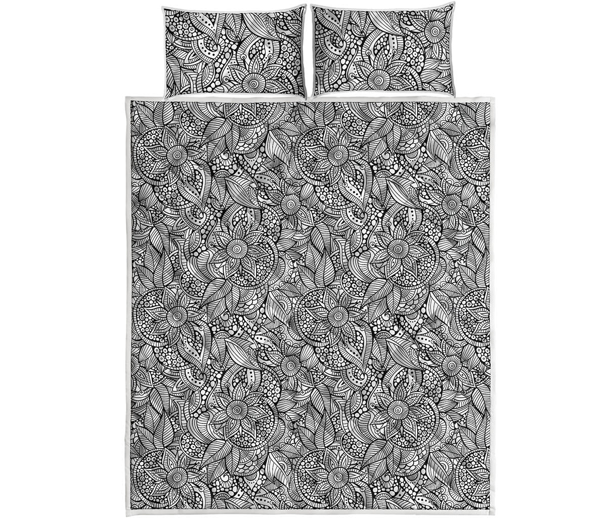 Monochrome Zentangle Pattern Print Quilt Bed Set