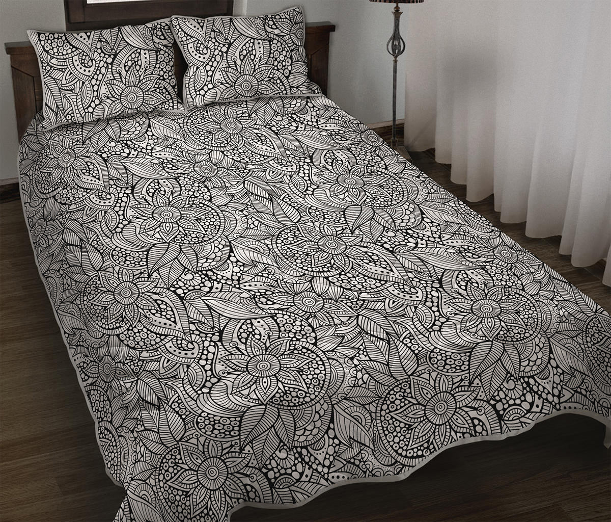Monochrome Zentangle Pattern Print Quilt Bed Set