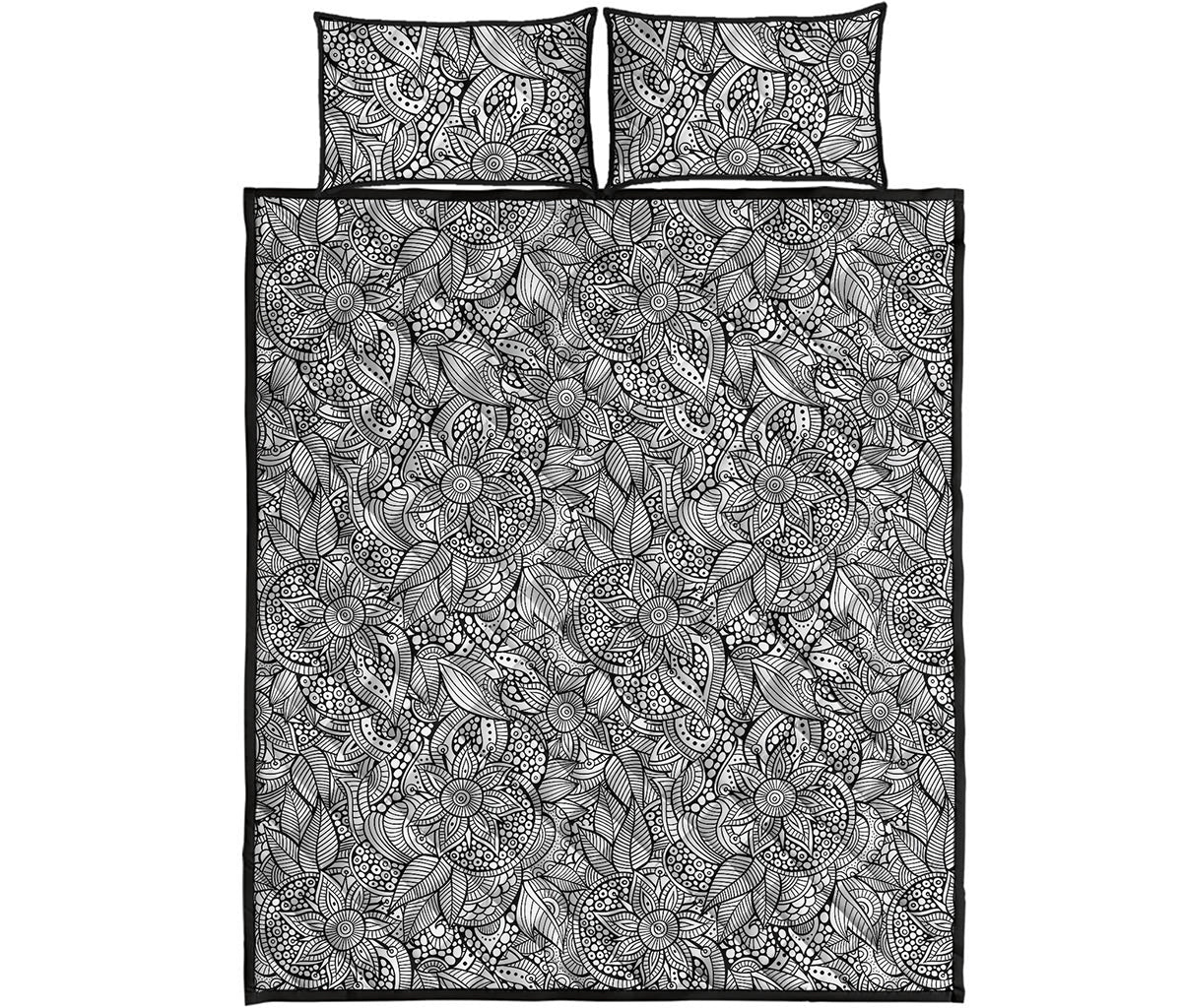 Monochrome Zentangle Pattern Print Quilt Bed Set