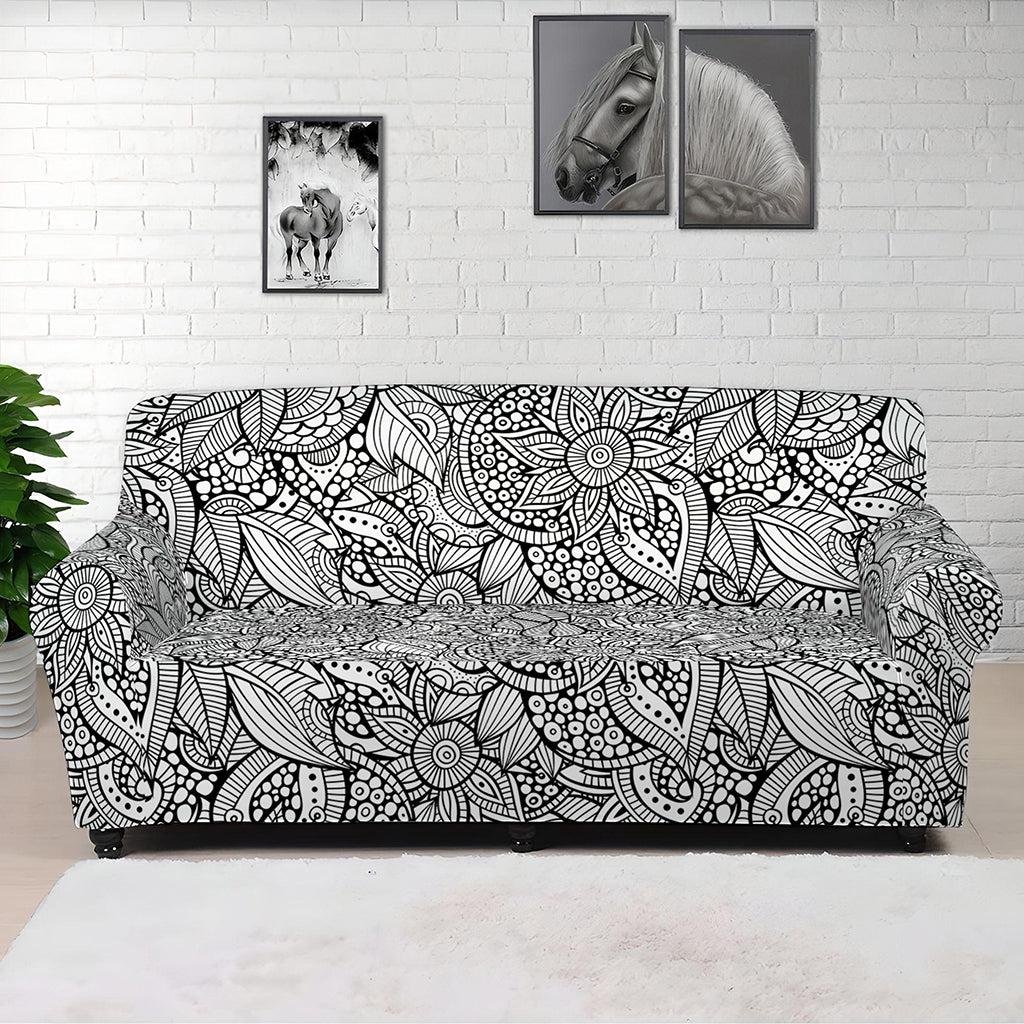 Monochrome Zentangle Pattern Print Sofa Cover