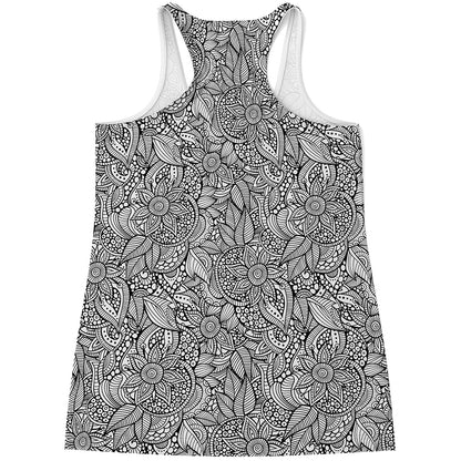 Monochrome Zentangle Pattern Print Women's Racerback Tank Top
