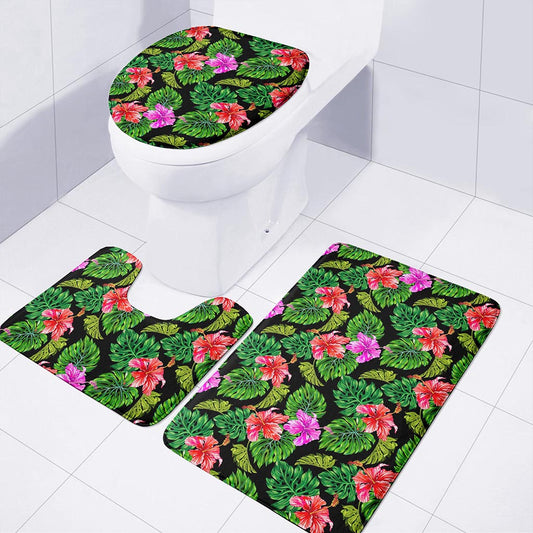 Monstera Hibiscus Hawaii Pattern Print 3 Piece Bath Mat Set