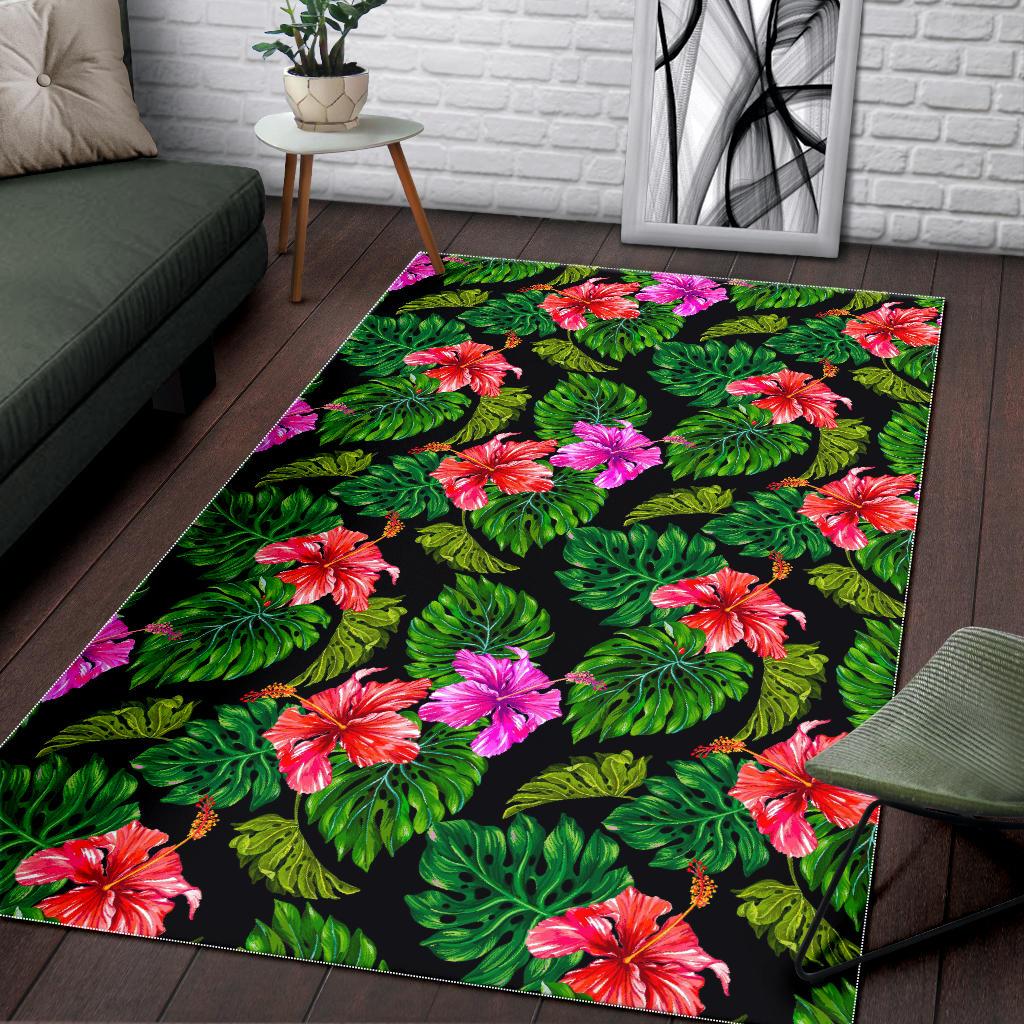 Monstera Hibiscus Hawaii Pattern Print Area Rug GearFrost