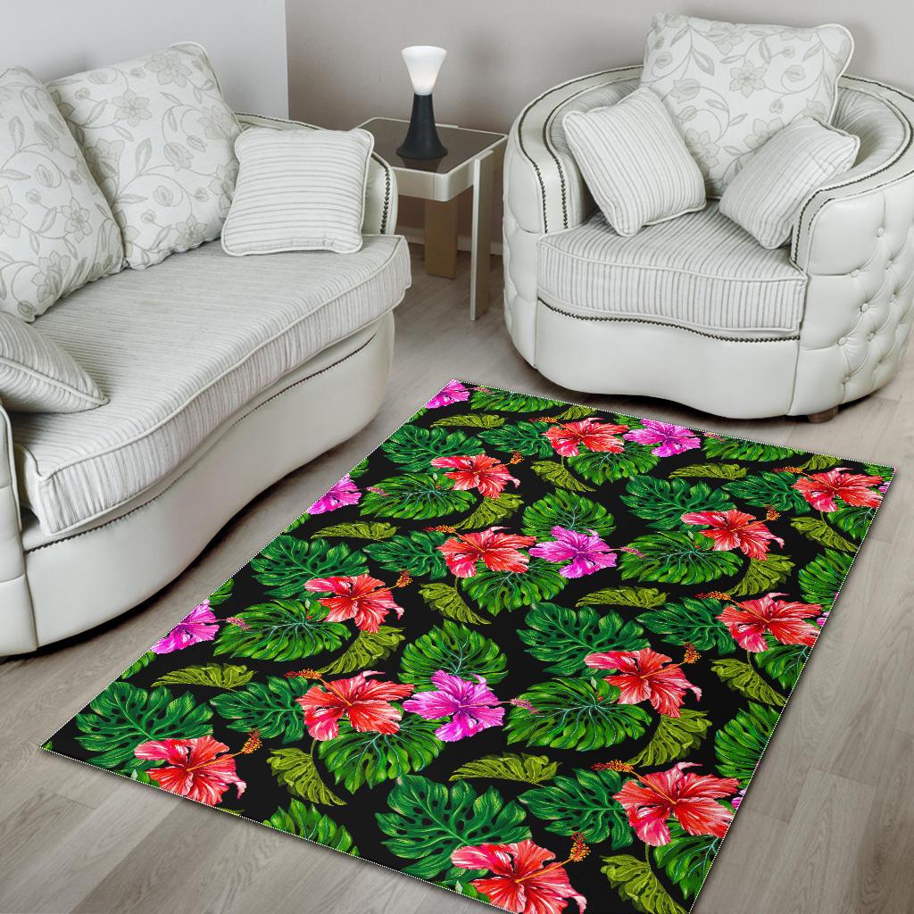 Monstera Hibiscus Hawaii Pattern Print Area Rug GearFrost