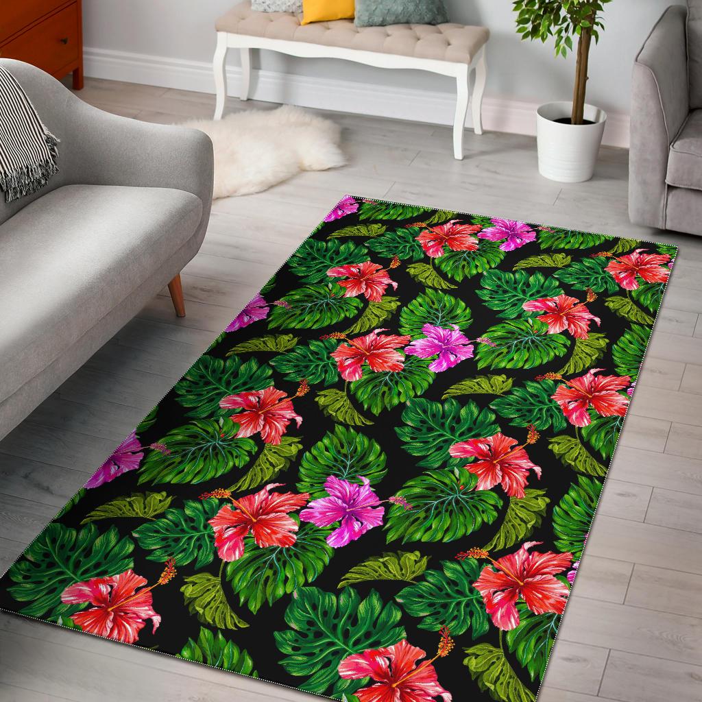 Monstera Hibiscus Hawaii Pattern Print Area Rug GearFrost