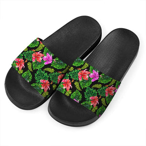 monstera slides Monstera Hibiscus Hawaii Pattern Print Black Slide Sandals