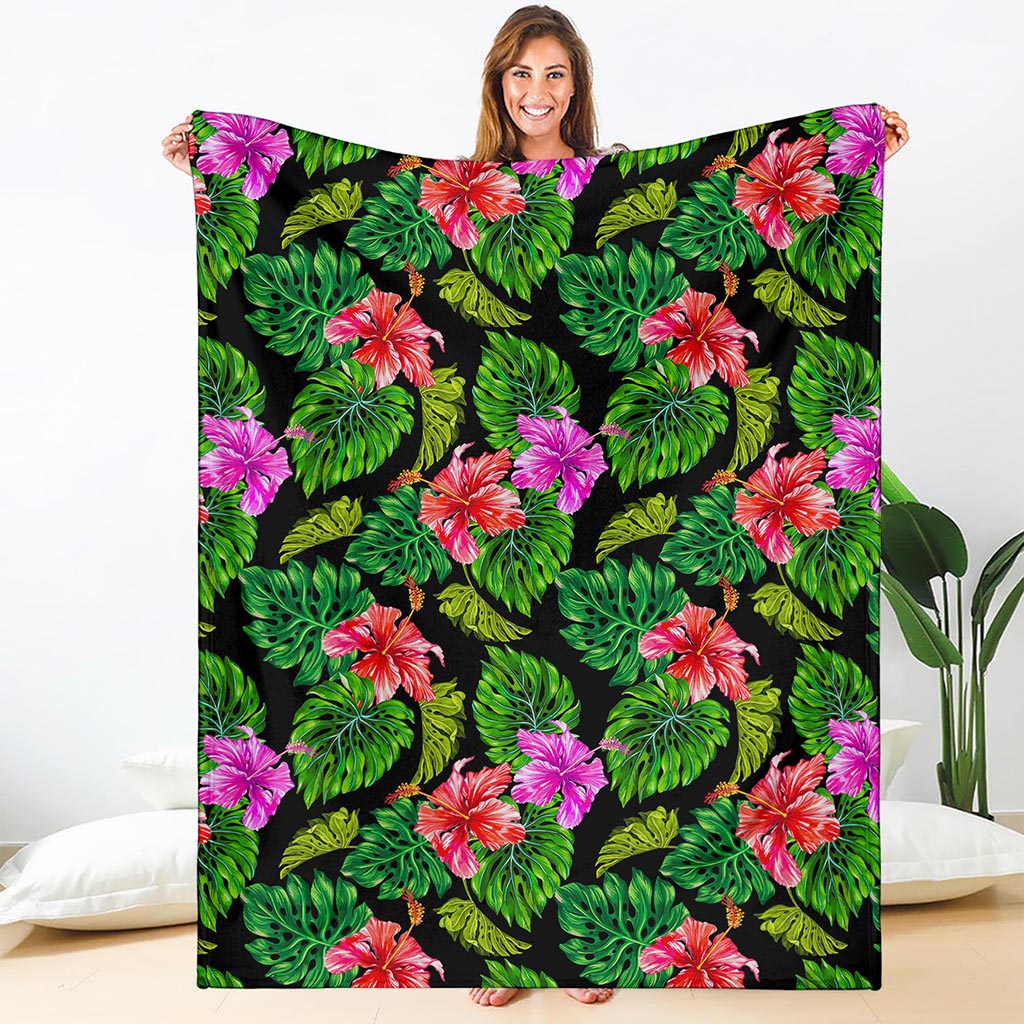Monstera Hibiscus Hawaii Pattern Print Blanket